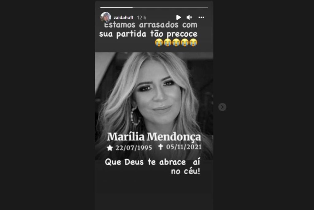 stories de zaida huff lamentando morte de marília mendonça e se despedindo dela