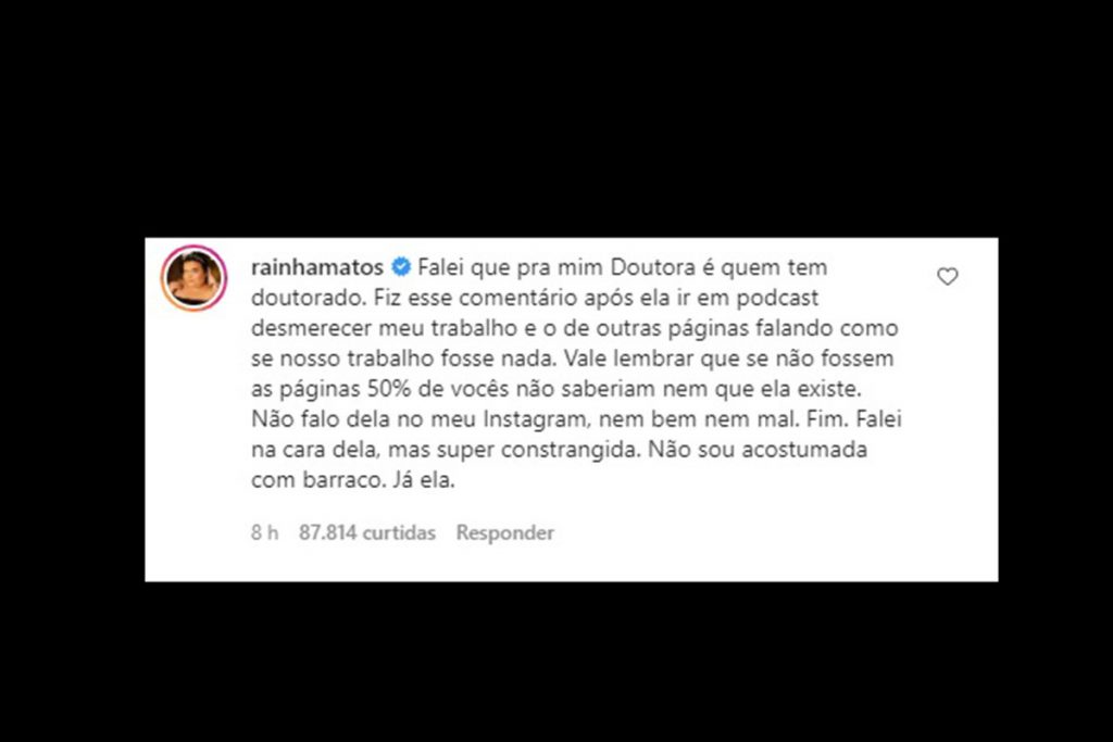 Rainha Matos se pronunciou após polêmica com Deolane Bezerra