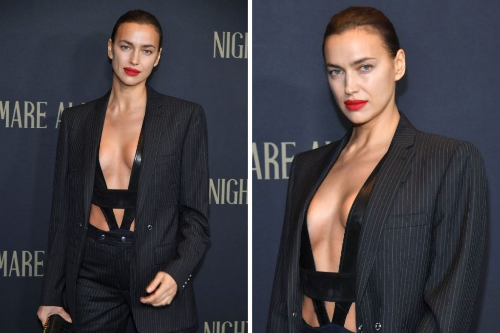 Irina Shayk com look decotado na premiere do filme O Beco do Pesadelo