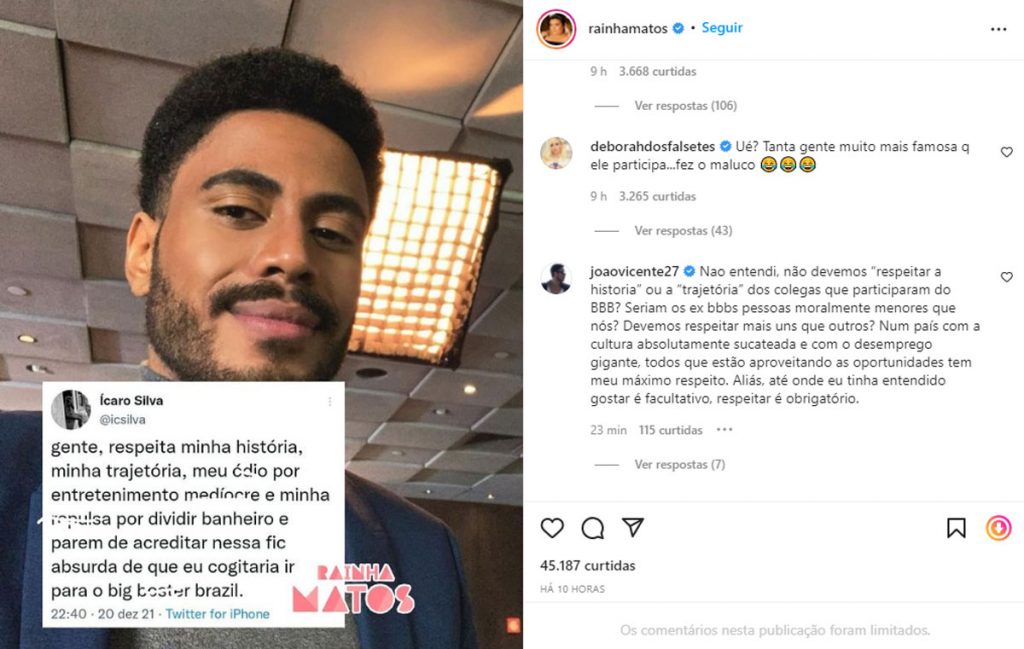 João Vicente de Castro critica fala de Ícaro Silva sobre participar do Big Brother Brasil