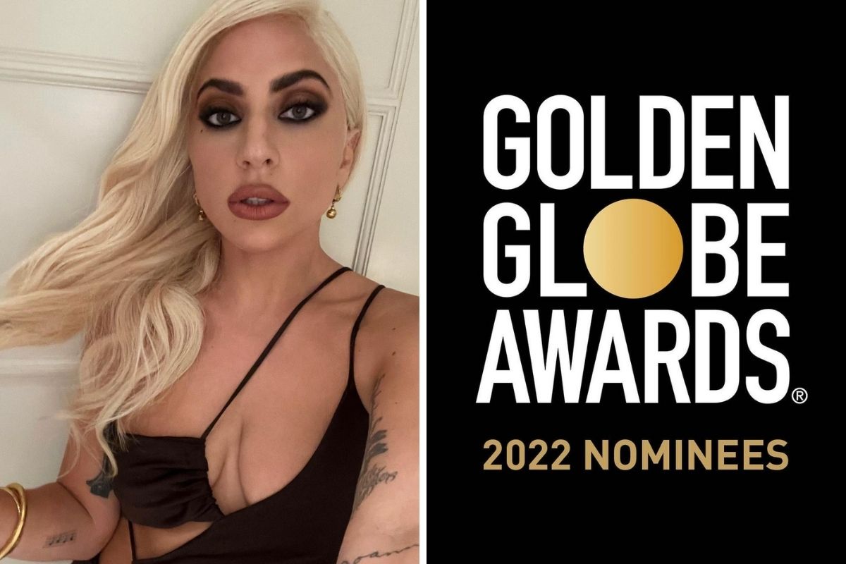 Fotomontagem com selfie de Lady gaga e logo do Globo de Ouro 2022