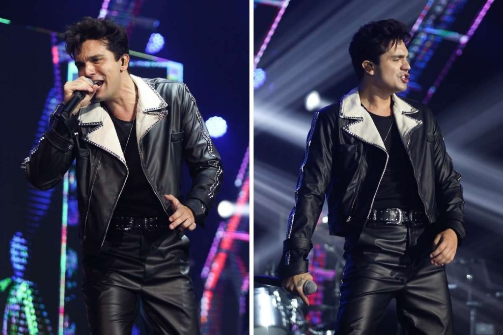 Numa pegada meio Elvis Presley, cantor investiu em jaqueta e look all-black para o show.