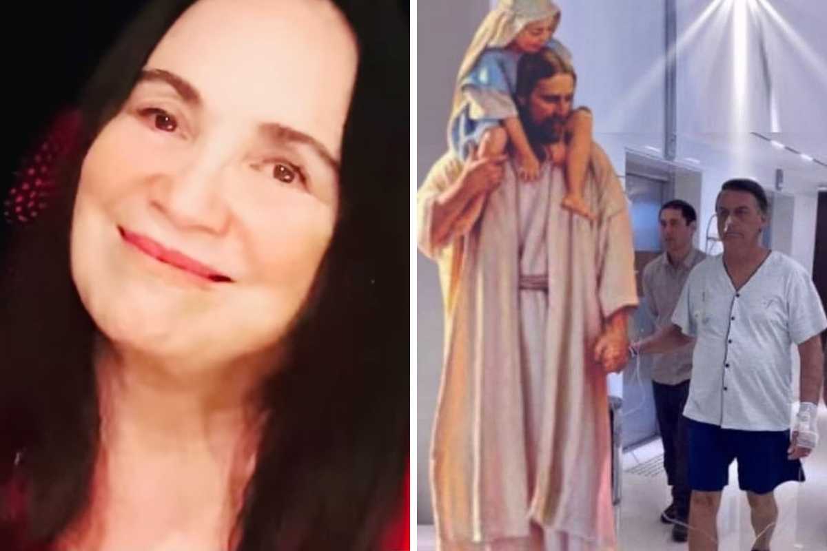 fotomontagem de regina duarte sorrindo e imagem de Bolsonaro com jesus