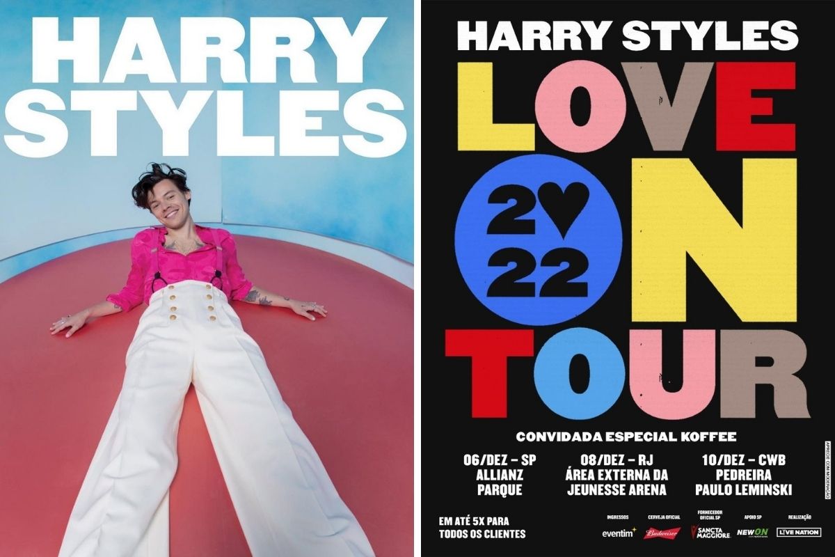 Fotomontagem com imagens de Harry Styles e pôster das novas datas da turnê no Brasil