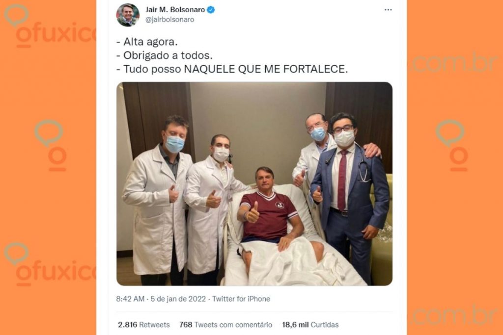 Print do tweet de Jair Bolsonaro informando ter recebido alta hospitalar