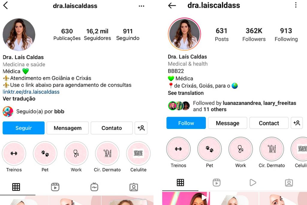 Instagram de Laís Caldas antes e depois da chamada na TV Globo