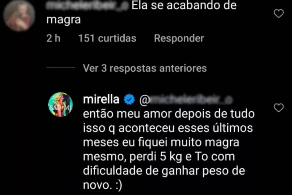 print de mirella rebatendo seguidor