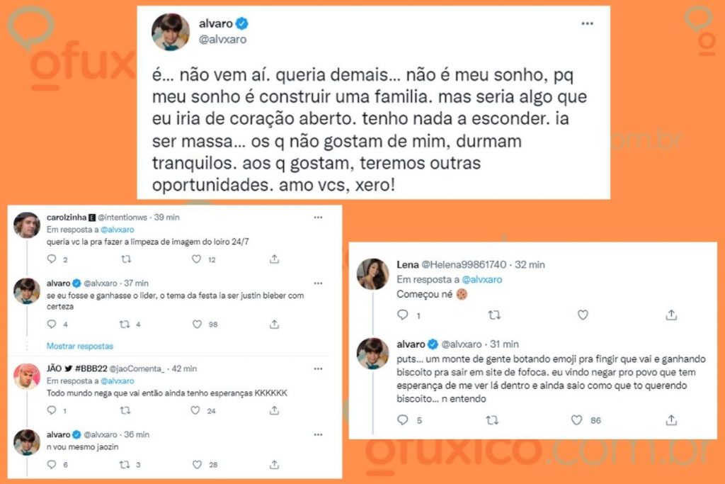 Tweets do influenciador Alvaro negando ida ao BBB22
