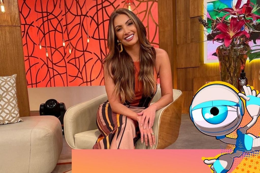 Patrícia Poeta sorrindo, sentada em cadeira do "Encontro", e imagem do bonequinho do BBB em colagem