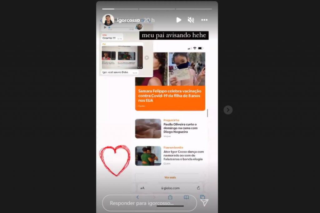 stories de igor cosso mostrando mensagem fofa do pai sobre vídeo com o namorado