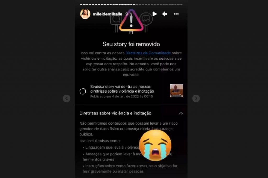 stories de mileide mihaile mostrando notificação do instagram de stories removido por ferir diretrizes da plataforma