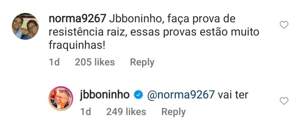 Resposta de Boninho a comentário em rede social