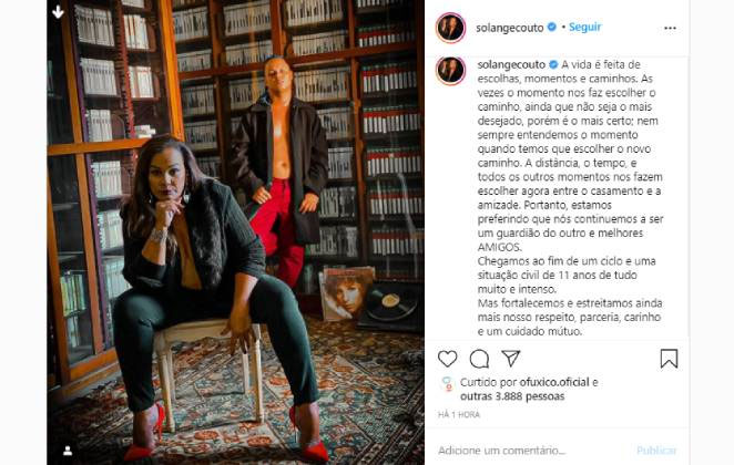 Post de Solange Couto falando da separação