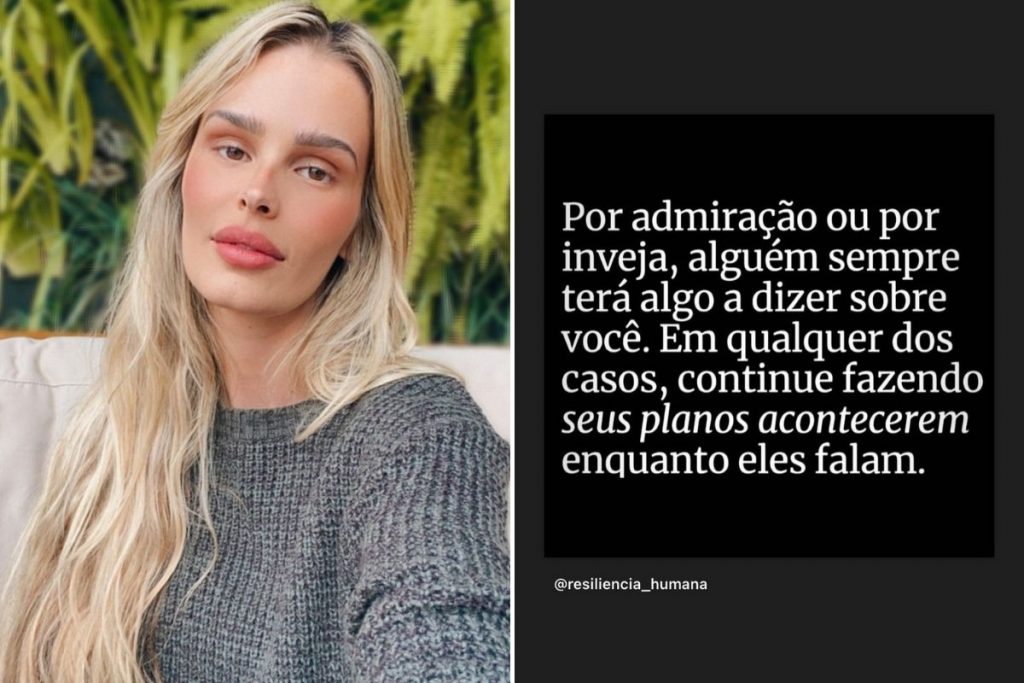 Fotomontagem com selfei de Yasmin Brunet e print de stories