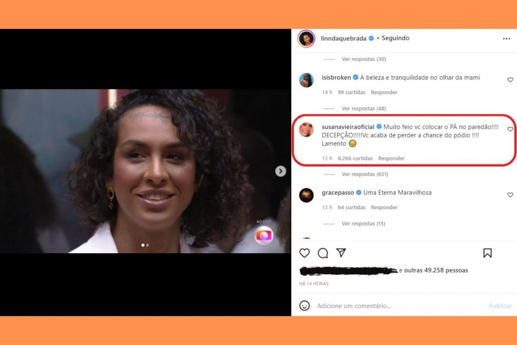 Print de comentário de Susana Vieira em post sobre Linn da Quebrada