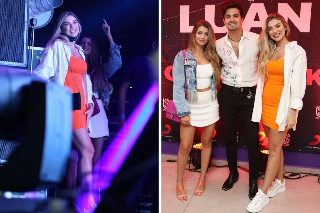 Luan Santana posa com a irmã, Bruna Santana, e sua namorada, Izabella Cunha.
