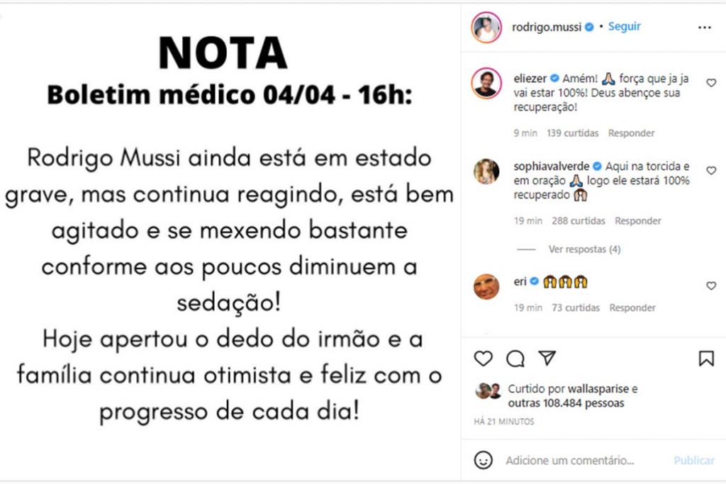 boletim médico de rodrigo mussi do dia 04 de abril no instagram