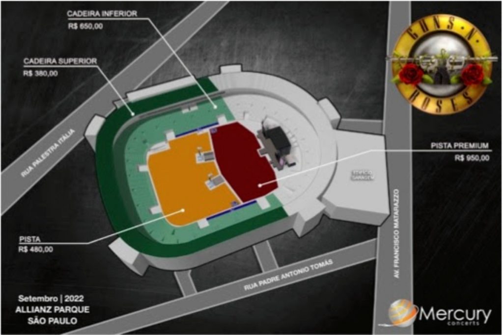 mapa do allianz parque para o show do guns n' roses