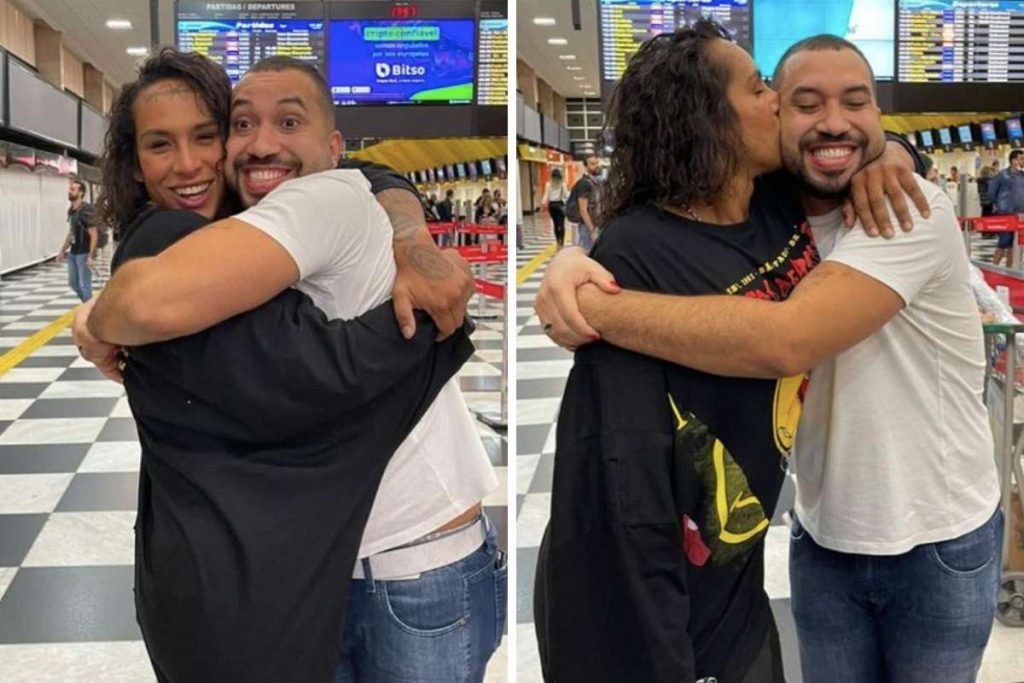 Linn Da Quebrada e Gil do Vigor se encontram em aeroporto