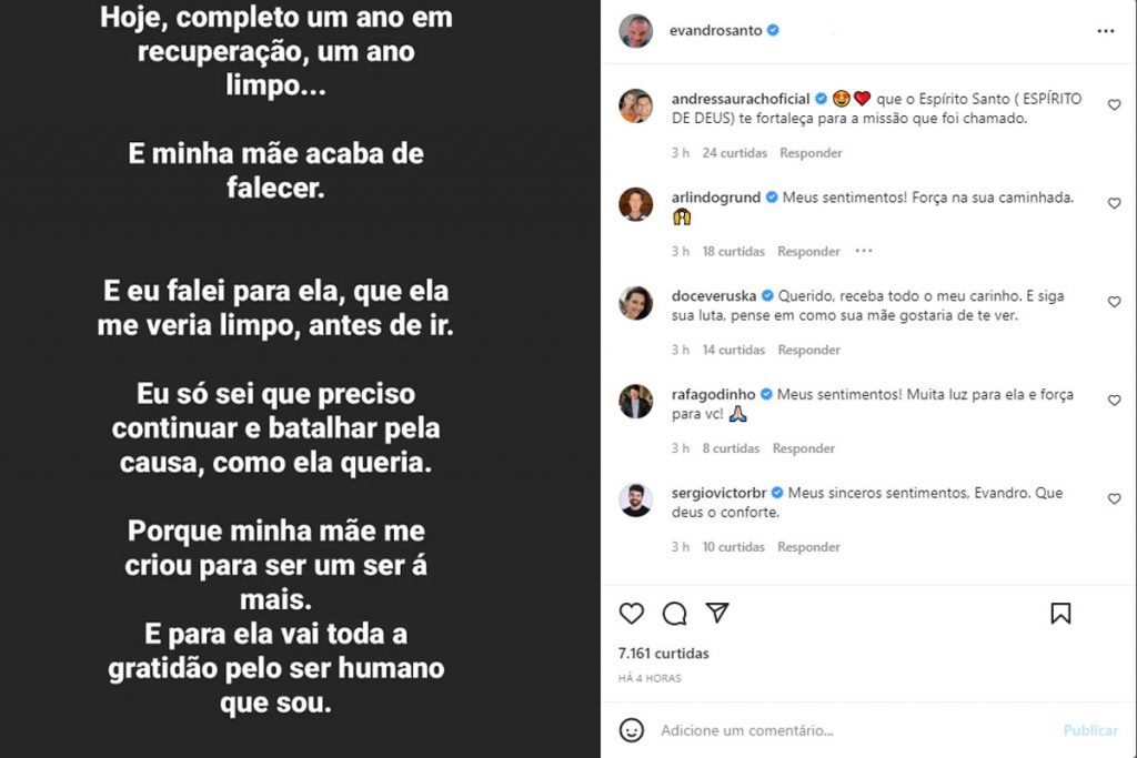 Evandro Santo anuncia a morte da mãe em post no Instagram