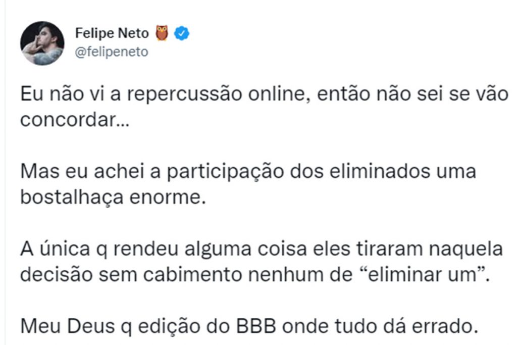 tuite de felipe neto criticando volta dos eliminados no bbb22