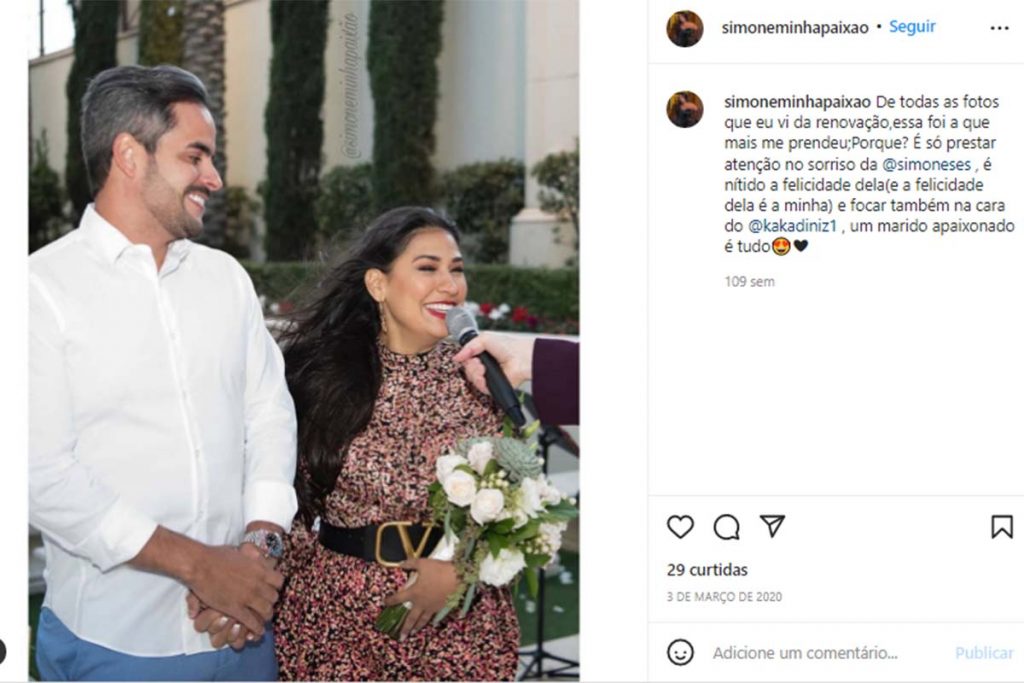 publicação no instagram da renovação de casamento de simone mendes e kaká diniz