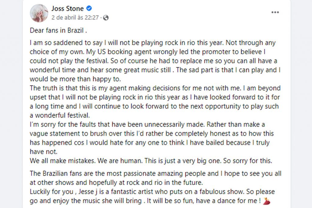 Print do comunicado de Joss Stone sobre o show no Rock in Rio
