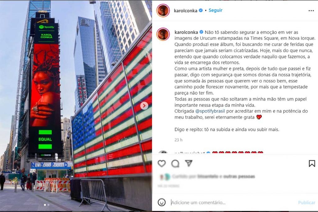 Post de Karol Conká sobre seu rosto na Times Square
