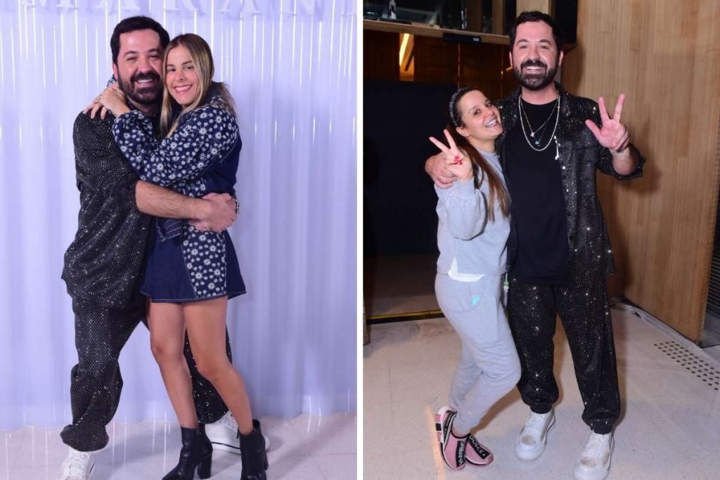 Eduardo Amarante posa com Shantal e Maraísa durante desfile