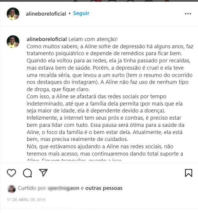 Post sobre afastamento de Aline Borel das redes