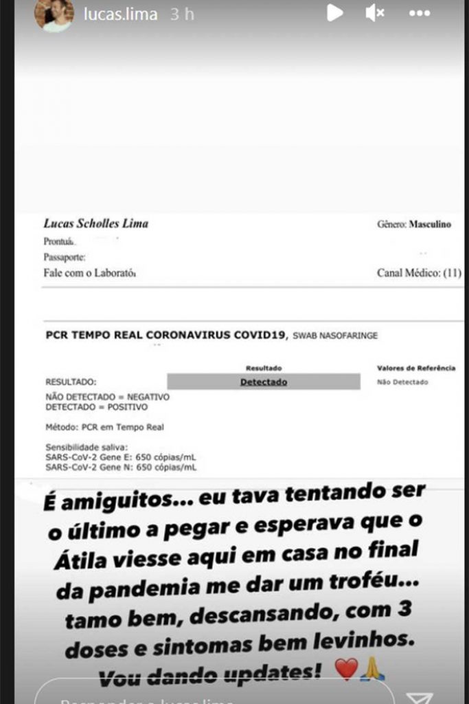 Post de Lucas Lima revelando ter contraído covid-19