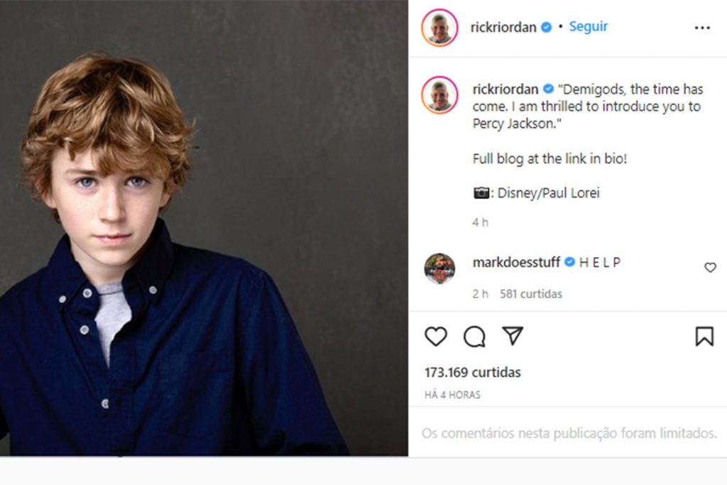 rick riordan anunciando no instagram walker scobell como percy jackson em série do disney+