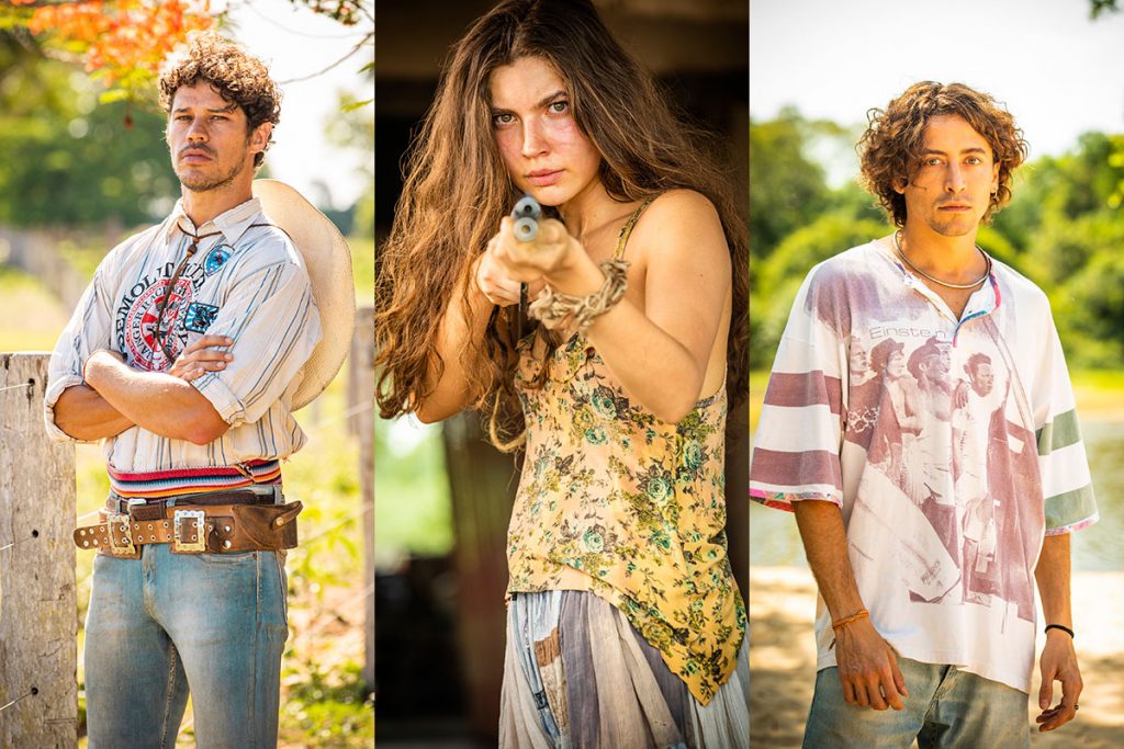 Tadeu (José Loreto), Juma (Alanis Guillen) e Jove (Jesuita Barbosa) em Pantanal