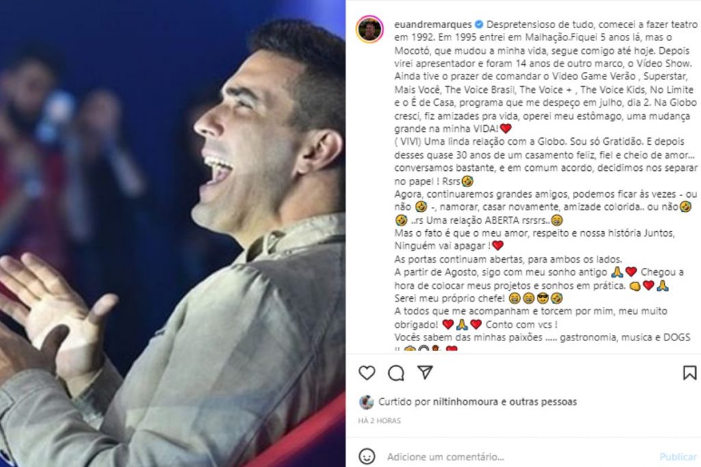 Post de André Marques sobre despedida da Globo
