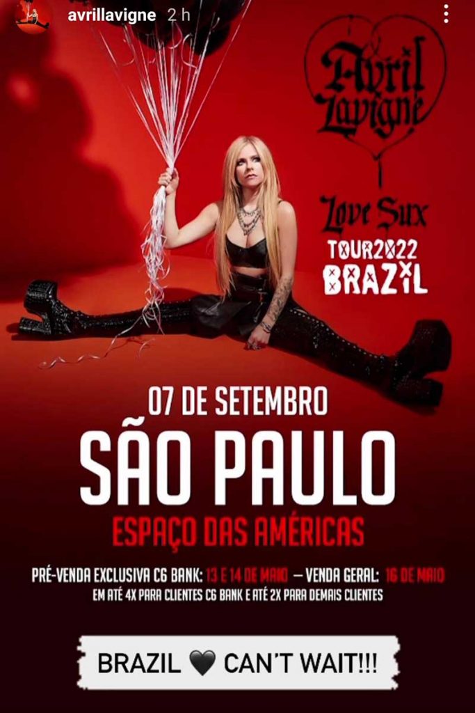 Cartaz de anúncio do show da Avril Lavigne no Brasil
