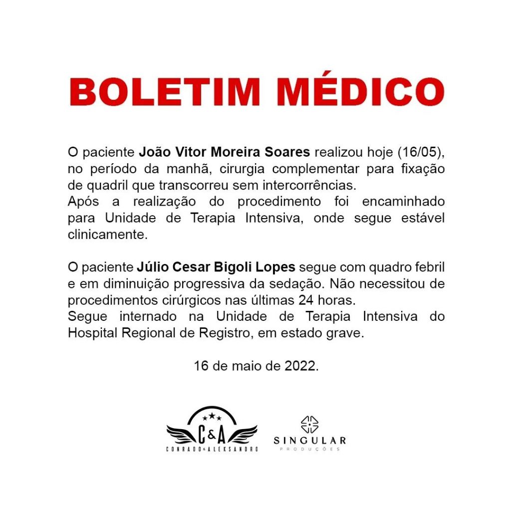 Boletim médico informa saúde dos músicos Conrado e Júlio