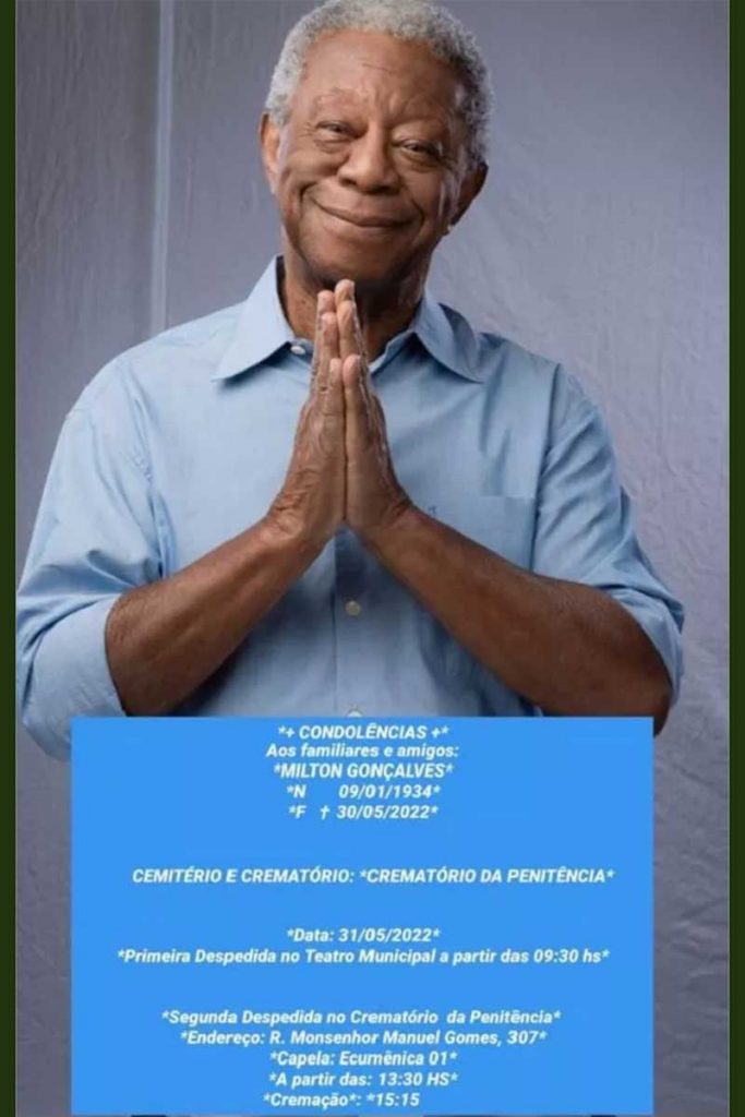 Post sobre despedida e cremação de Milton Gonçalves