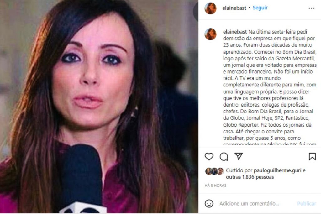 Elaine Bast relembrando trajetória na TV Globo no Instagram
