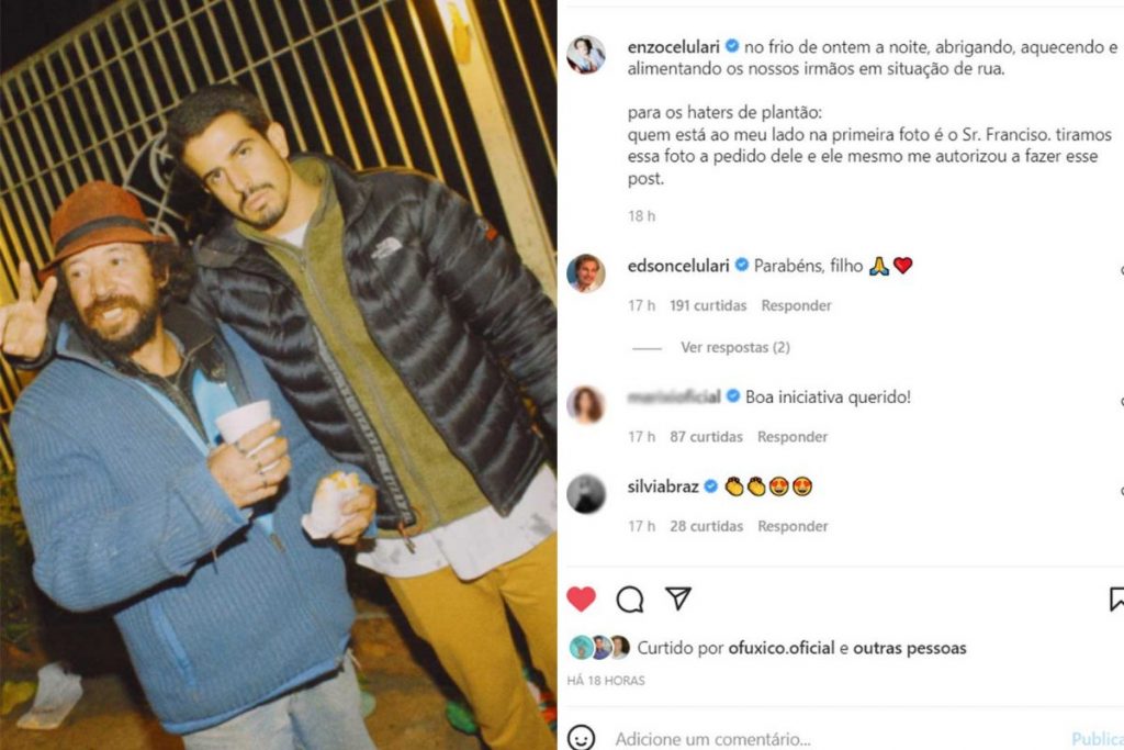 Post de Enzo Celulari sobre posar com morador em situação de rua