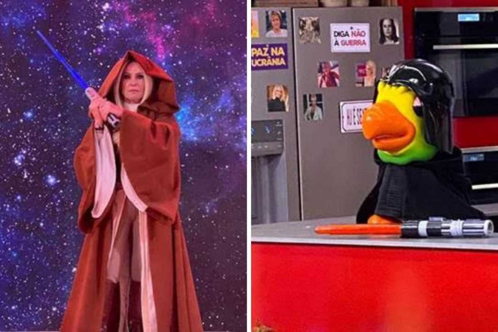 fotomontagem de ana maria braga de obi-wan kenobi e louro mané de darth vader no mais você