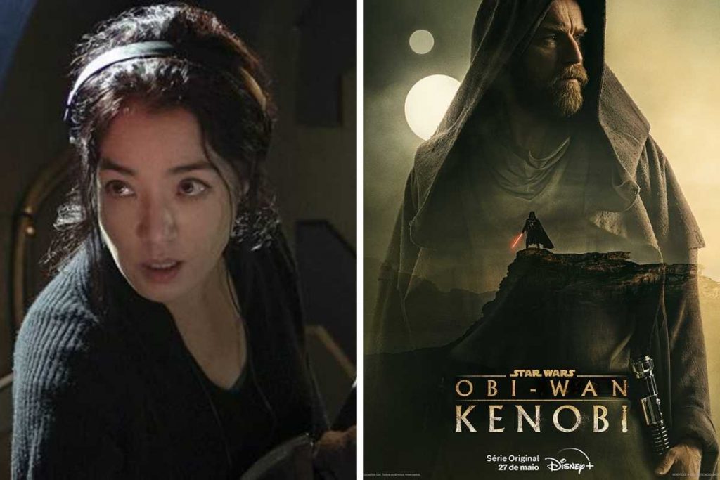 fotomontagem de deborah chow dirigindo e pôster de obi-wan kenobi