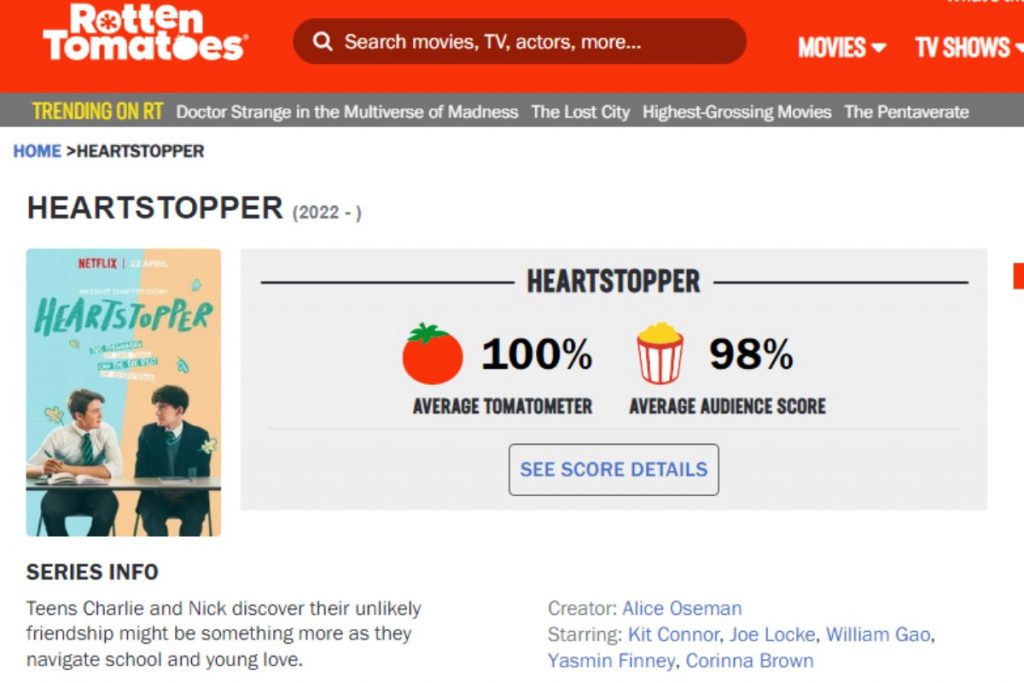 Heartstopper com boa avaliação no Rotten Tomatoes