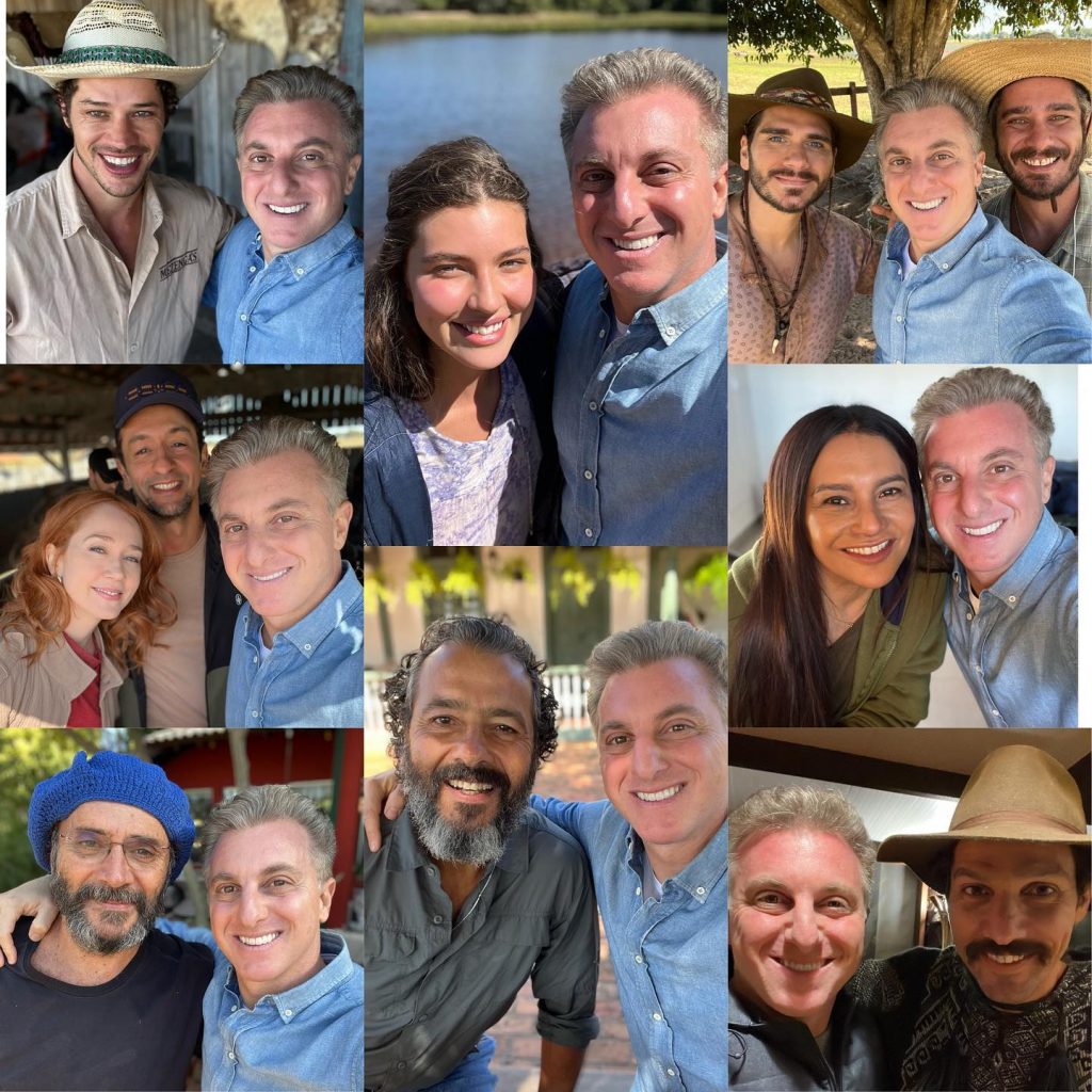 Luciano Huck e elenco de "Pantanal" posando para selfies