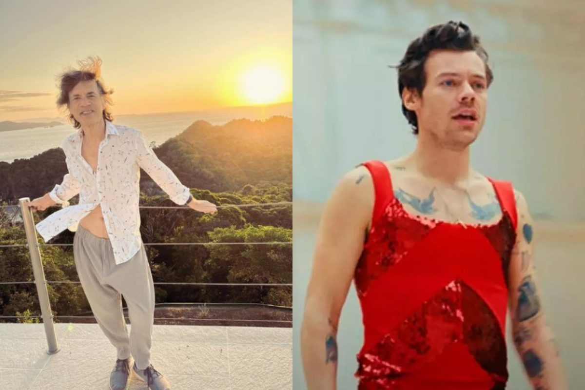 Harry styles de vermelho e mick jagger tomando sol de camisa aberta