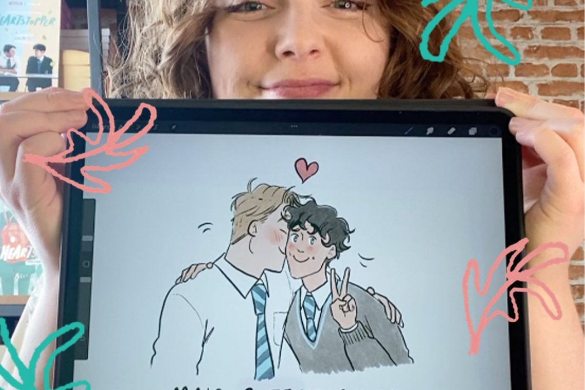 Alice Oseman segurando desenho para anunciar renovação da série "Heartstopper", da Netflix