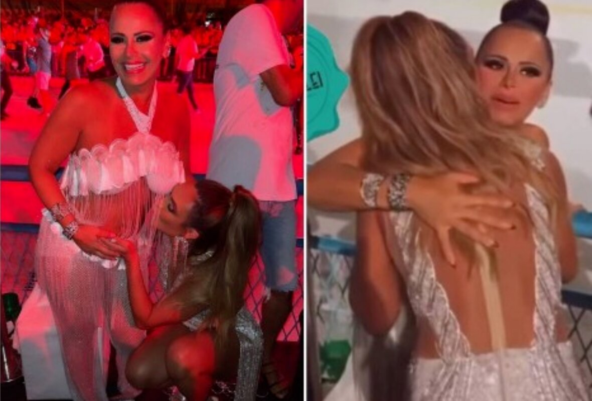 Viviane Araújo e Nicole Bahls trocam beijos e abraços na Sapucaí