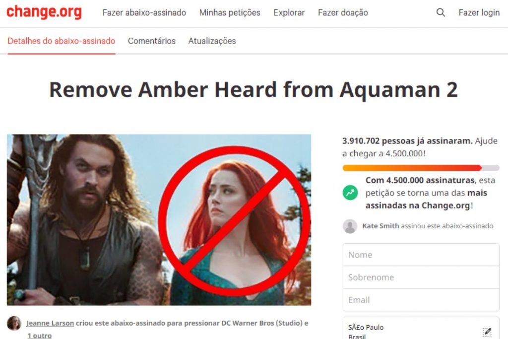Print de petição para tirar Amber Heard de Aquaman 2