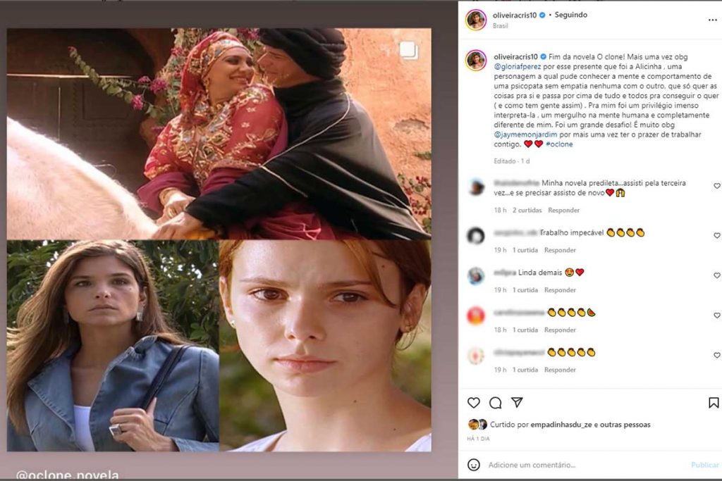 Post de Cristiana Oliveira se despedindo de O Clone