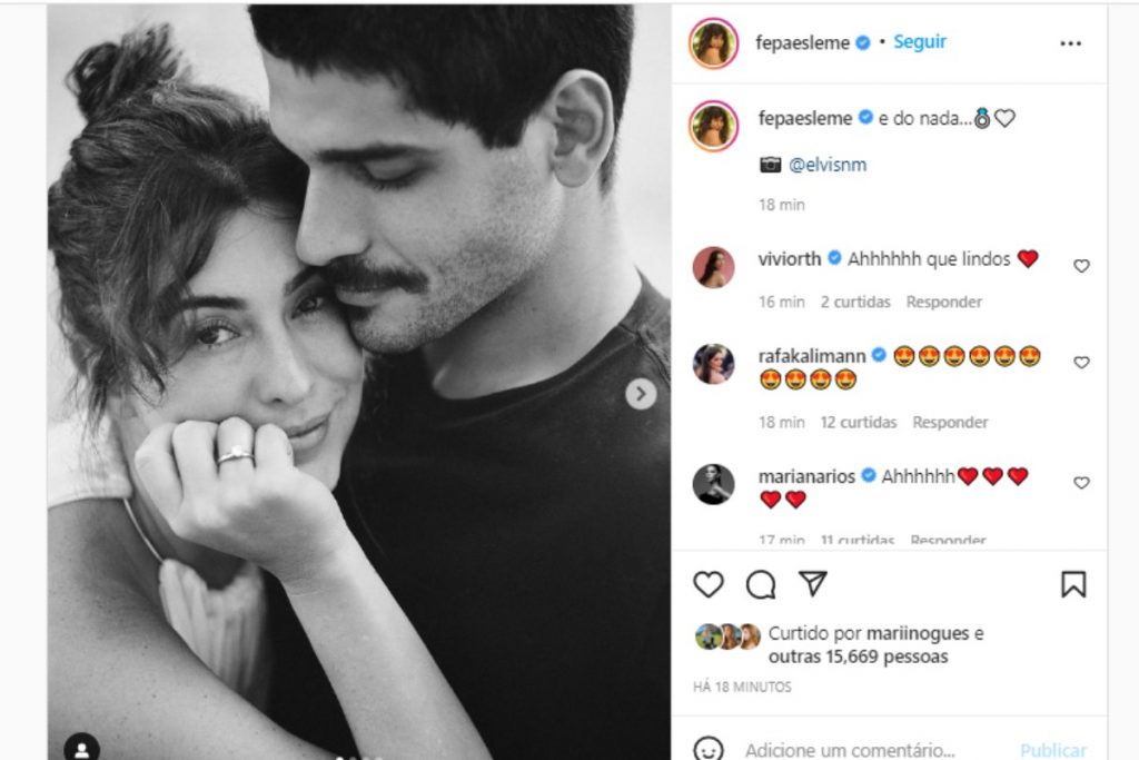 Fernanda Paes Leme anunciando noivado com Victor Sampaio no Instagram