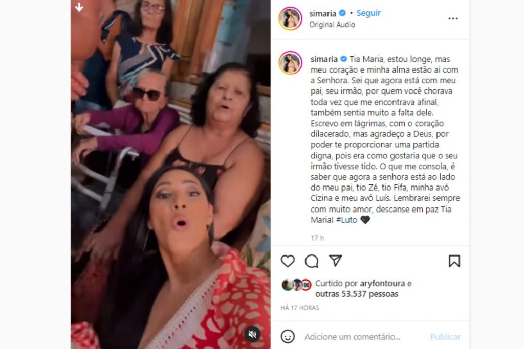 Simaria homenageando tia Maria no Instagram após sua morte